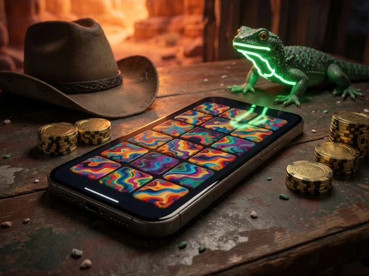 Mobiles Casino Spiele Men&uuml; auf Saloon-Tisch mit Chips und Lizard-Neonlicht