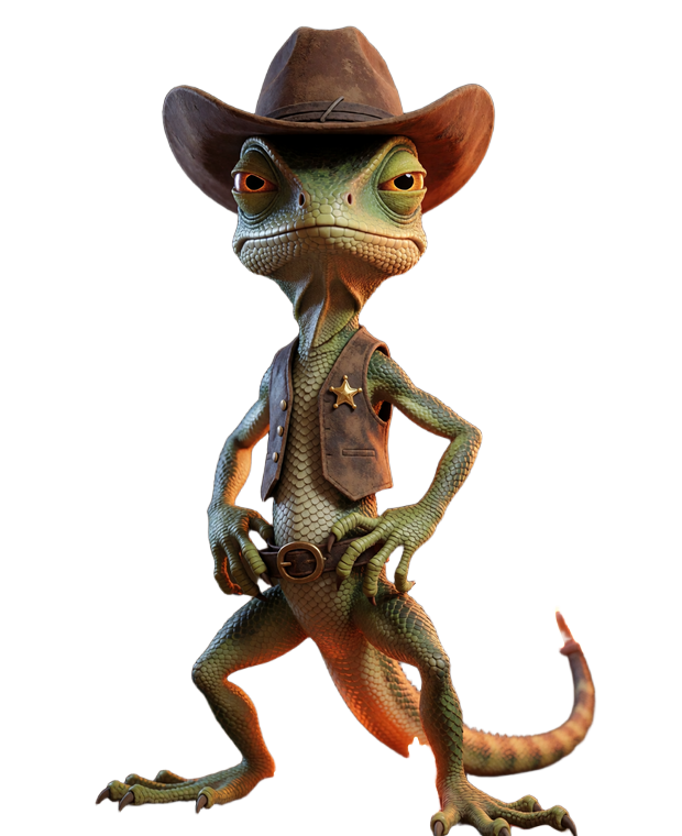Selbstbewusster Lizard-Cowboy als Lizaro Casino Maskottchen im Wild-West-Look