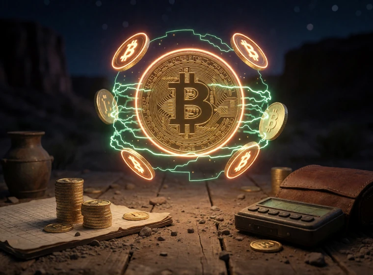 Bitcoin und Stablecoin Hologramme &uuml;ber Western-Tresor im Lizaro Bitcoin Casino