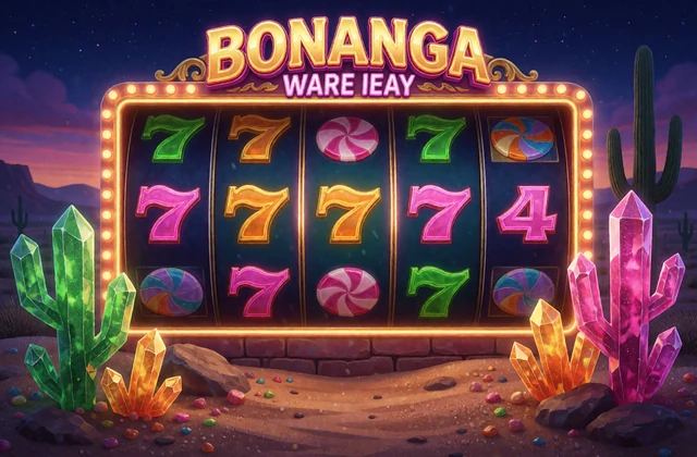 Bunte Bonbon-W&uuml;ste bei Nacht als Sweet Bonanza Slotmotiv in der Lizaro Casino Lobby