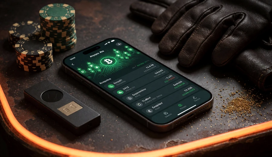 Krypto Transaktionsdashboard neben Pokerchips f&uuml;r Lizaro Krypto Einzahlung